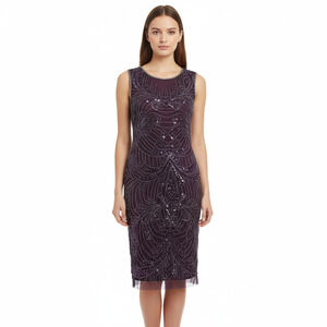 Adrianna Papell Art Deco Beaded Cocktail Dress Purple Silver Sequin Glam Women 4